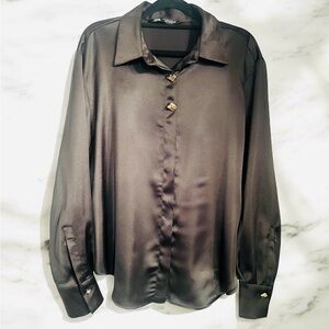 Zara Black Satin Button-Down Blouse with Gold Accent Buttons (Size M)